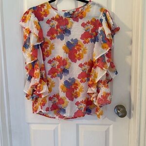 Zac & Rachel White and Orange Floral Flutter Sleeve Blouse beautiful light 1X